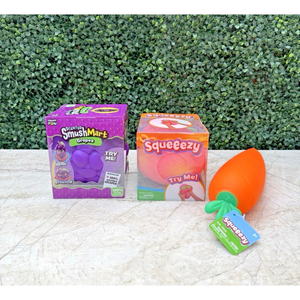 Smushmart Sunny Days Squeezy Lot of 3 - Grape Peach Carrots NEW SEALED